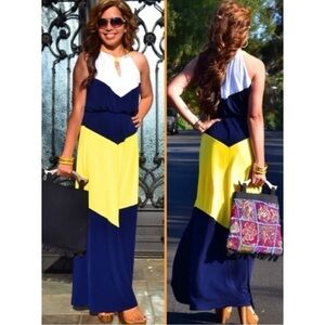 Maggy London Sz 8 Long Color Block Slinky Yellow Navy White Halter m Maxi Dress